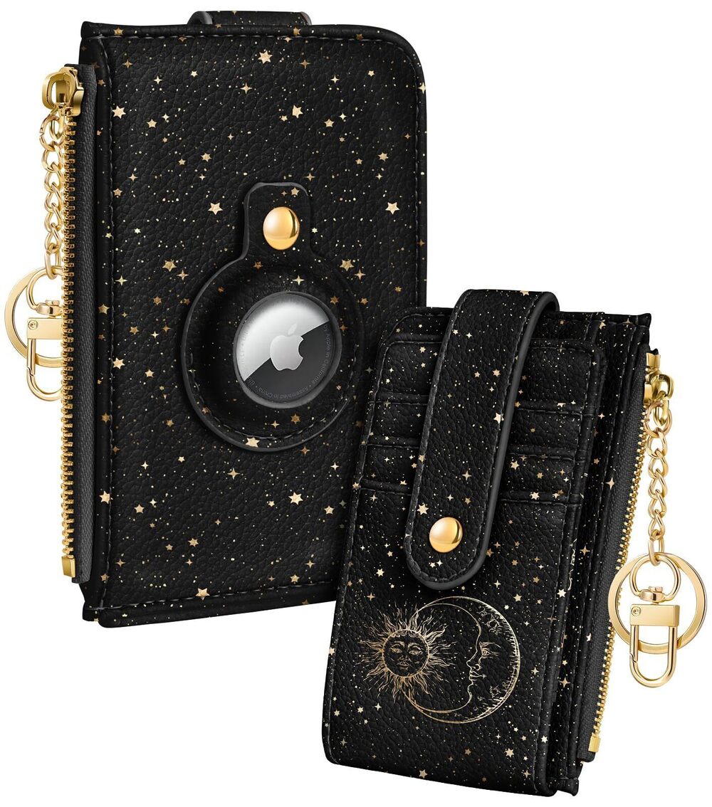 6479 Cute Card Wallet with AirTag Holder - Sun Moon Leather Small Wallets